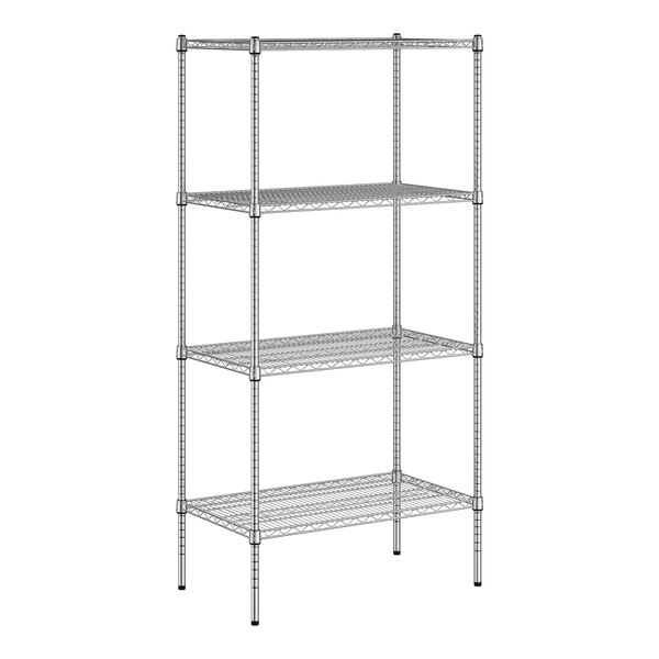 A close-up of a wireframe metal shelf from a Regency Chrome 4-Shelf Kit.