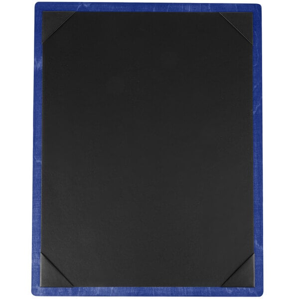 A black rectangular wood menu board with blue corners on a table.