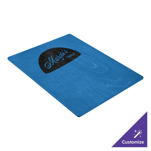 A blue customizable wood menu board with picture corners and a printed logo on the surface.