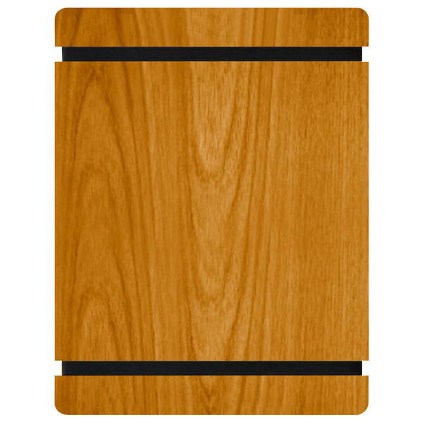 A brown wood menu board with black rubber band straps and wood grain.