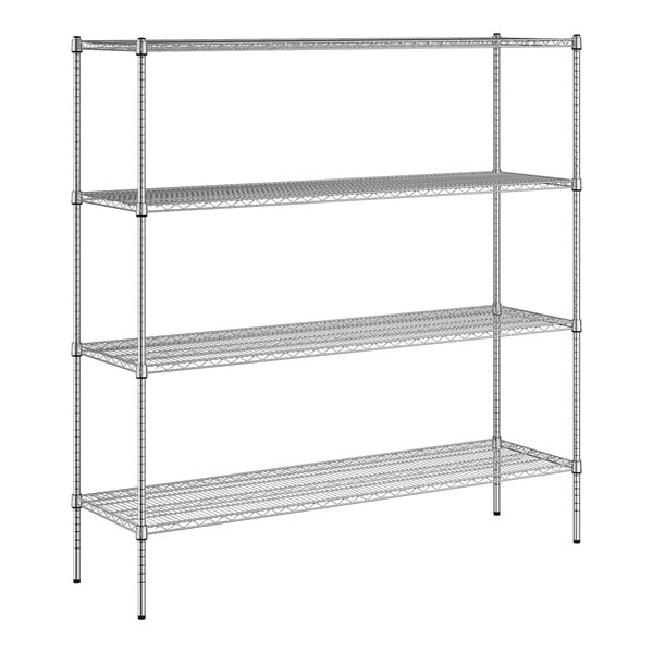 A wireframe of a Regency chrome wire shelving unit with four shelves.