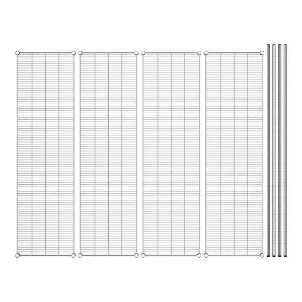 A white grid with four shelves and four strips.
