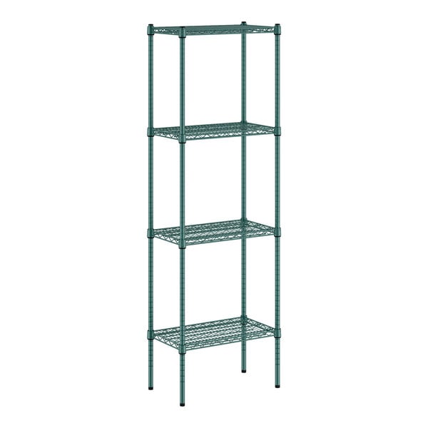 A green Regency wire shelving unit with four shelves.