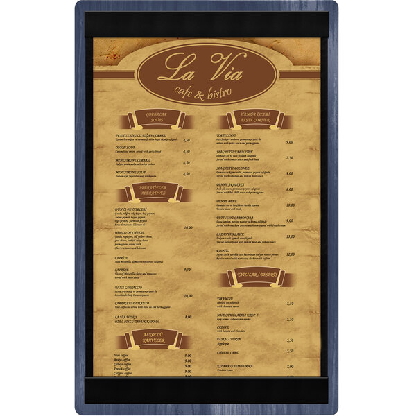 A Menu Solutions wood menu board with top and bottom strips on a white background.