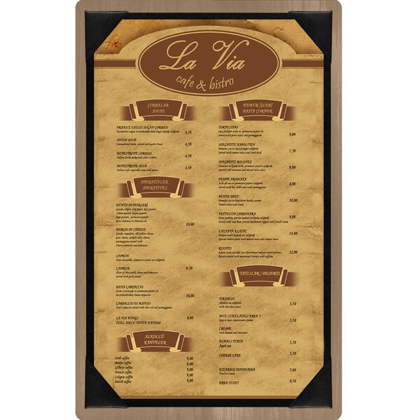 A weathered walnut wood menu board with picture corners.