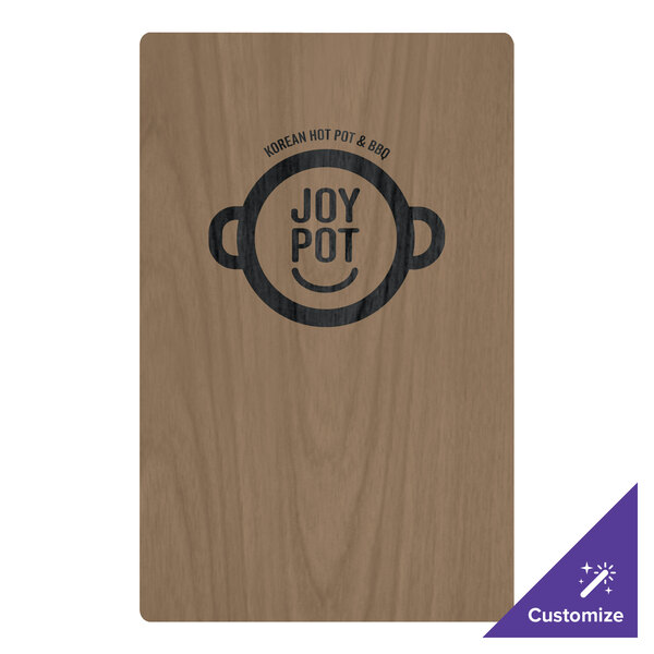 A weathered walnut wood menu board with a logo on it.