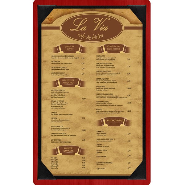 A white menu on a wood frame with picture corners.