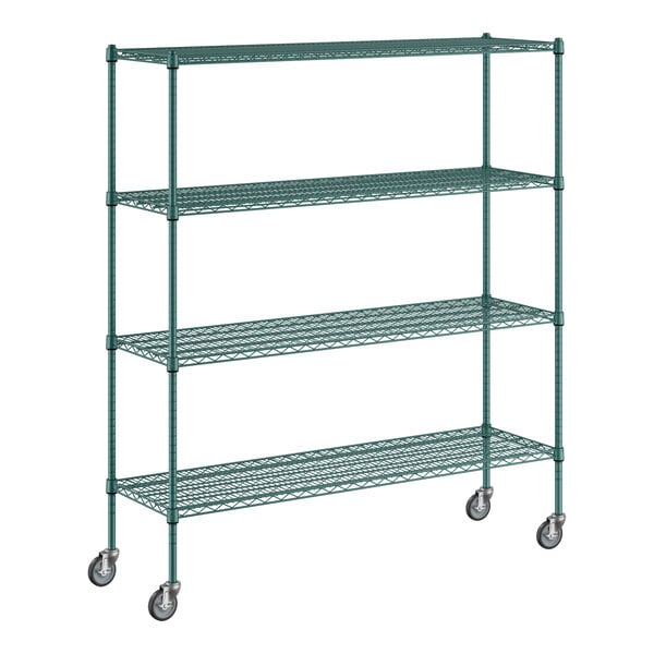 A green metal Regency wire shelving unit with wheels.