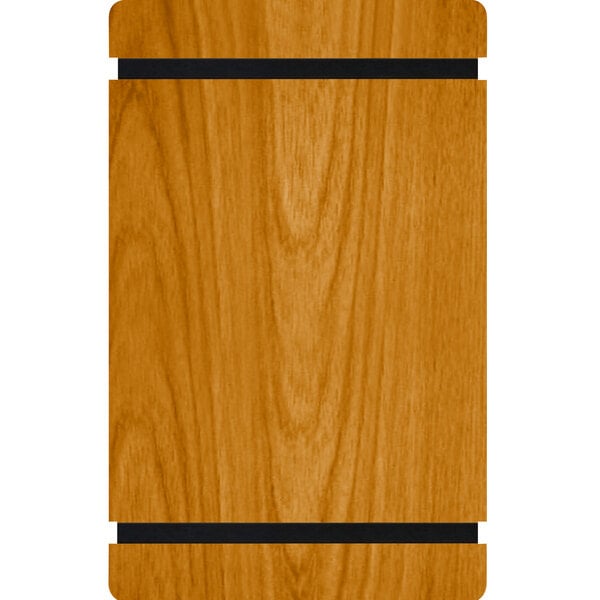 A wood menu board with black rubber bands and black stripes.