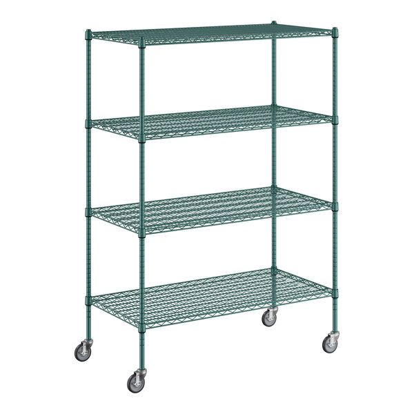 A green metal wire shelving unit with wheels.