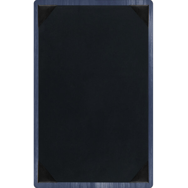 A denim wood menu board with picture corners on a table.