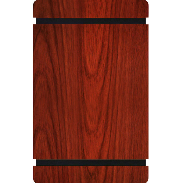A mahogany wood menu board with black rubber bands on a table.