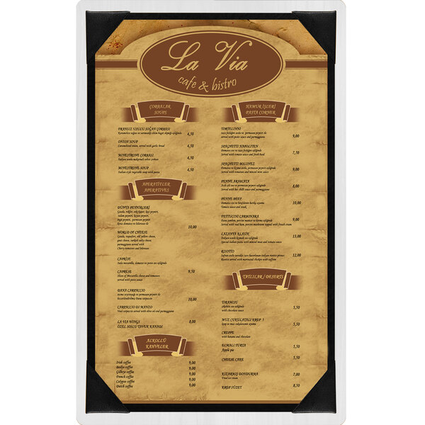 A customizable white wood menu board with picture corners.