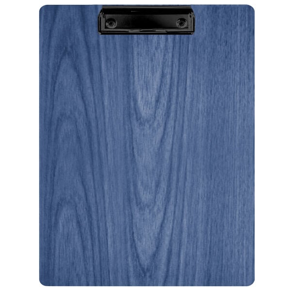 A blue wood clipboard with a black clip.