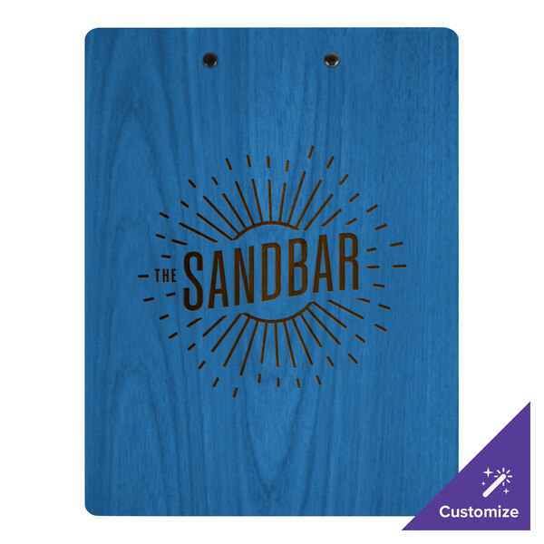 A blue wooden menu clip board with customizable engraving and two metal clips at the top.