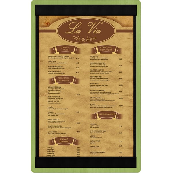 A Menu Solutions wood menu board with a green frame holding a white menu.