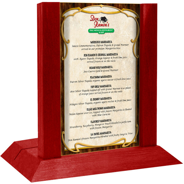 A wooden Menu Solutions menu holder on a table.