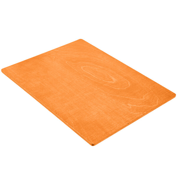 A rectangular wood menu board with orange wood and picture corners.