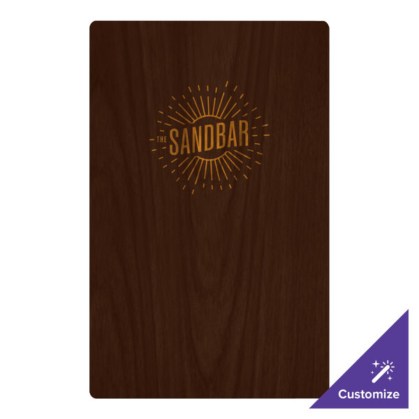 A brown wood Menu Solutions wood grained menu board with a logo on it.