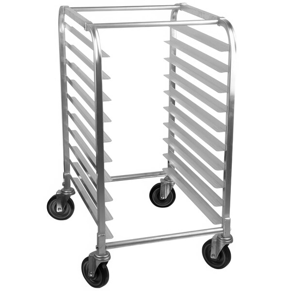 A silver metal Advance Tabco sheet pan rack with wheels.