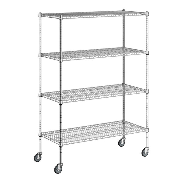 A wireframe of a Regency chrome wire shelving unit with wheels.