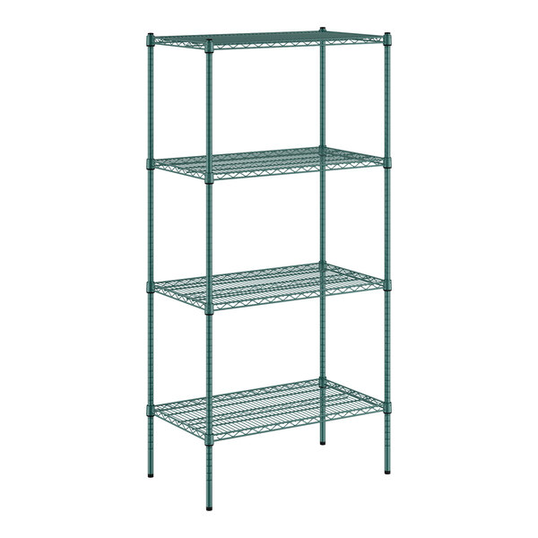 A green wire shelving unit with four shelves.