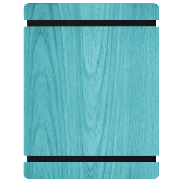 A blue wood menu board with black rubber band straps.