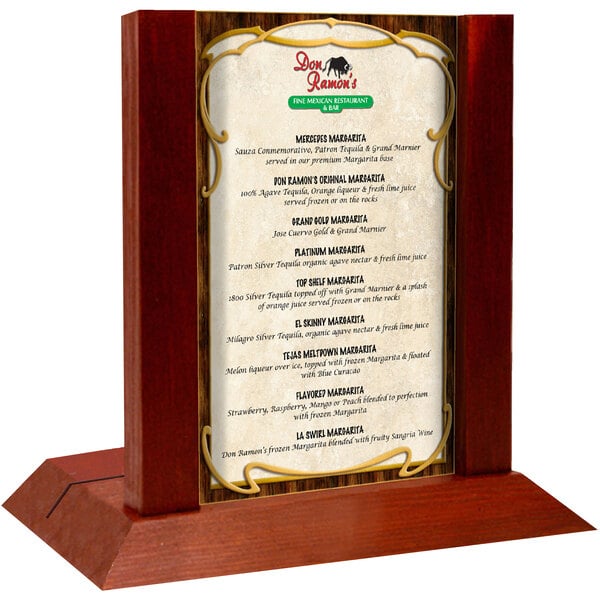 A mahogany wood menu holder with a 5" x 7" insert slot on a table.