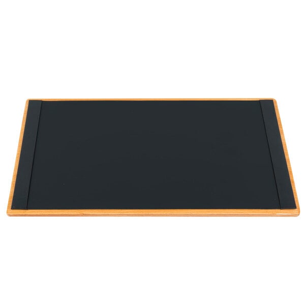 A black board with a wooden frame.