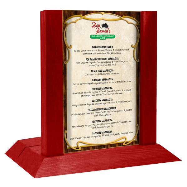 A Menu Solutions Berry Wood menu holder on a table.