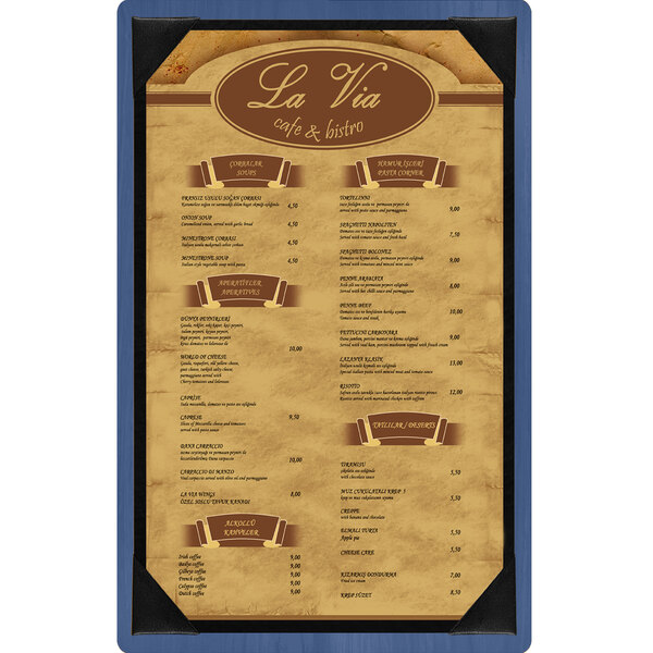 A brown wood menu board with white picture corners.