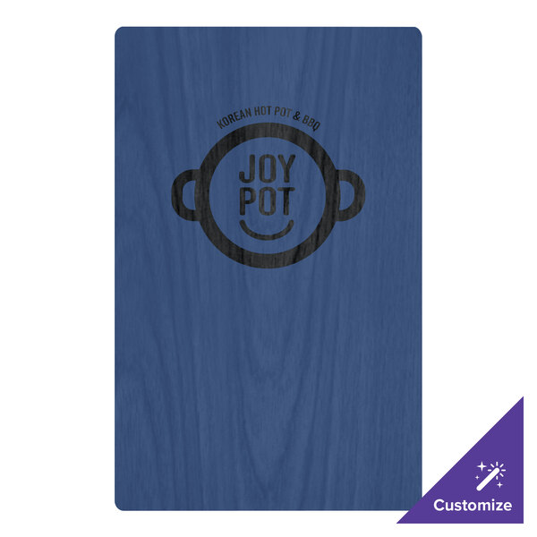 A blue wood board with a logo on it.