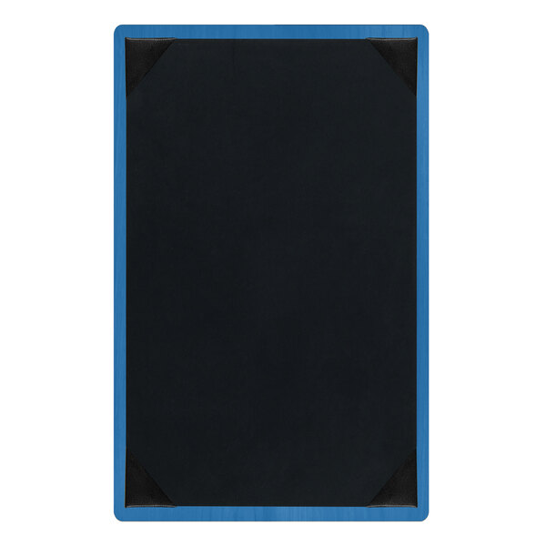 A blue wood menu board with black picture corners designed to hold an 8 1/2" x 14" menu.