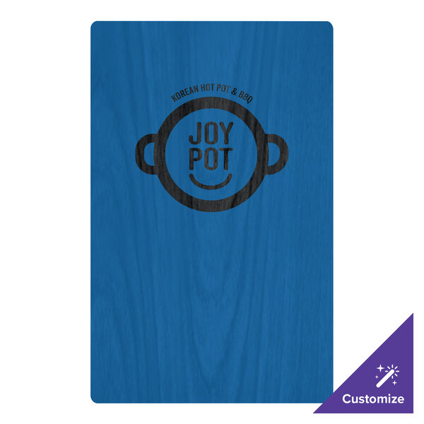 A blue customizable wood menu board with a printed logo and picture corners.