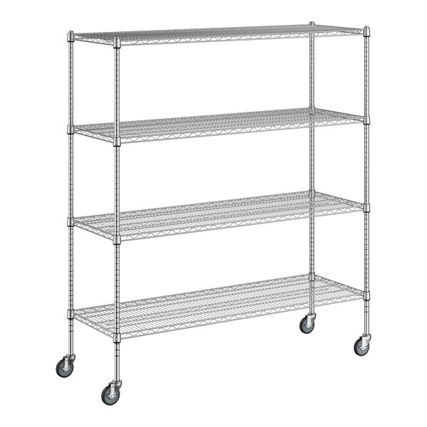 A white wireframe of a Regency chrome shelving unit with wheels.