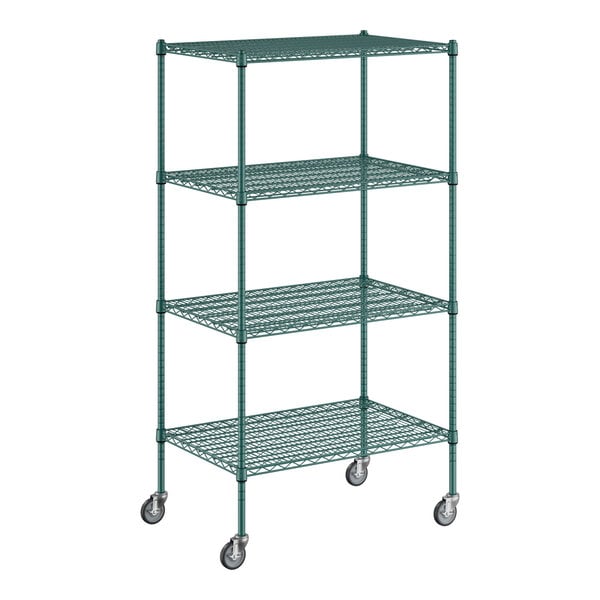 A green Regency wire shelving unit with casters.