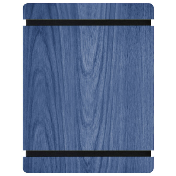 A blue wood menu board with black rubber band straps.