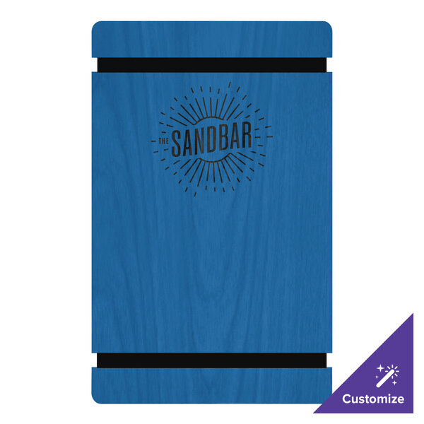 Menu Solutions WDRBB-D True Blue 8 1/2" x 14" Customizable Wood Menu Board with Rubber Band Straps