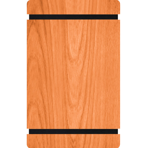 A wood menu board with black rubber band straps on a wood surface with a black stripe.