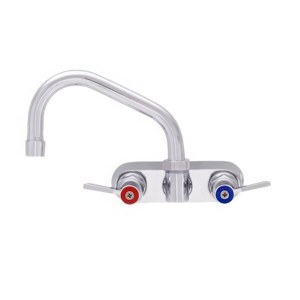 A stainless steel Fisher wall mount faucet with lever handles and red and blue labels.