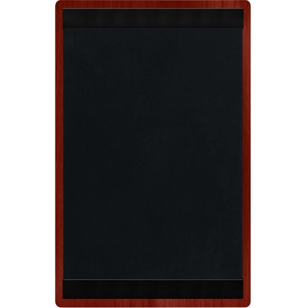 A brown wooden menu board with black top and bottom strips.