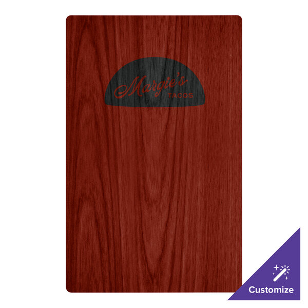 A mahogany wood menu board with top and bottom strips and a logo on the cover.
