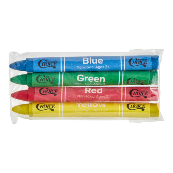 A pack of four triangular crayons in blue, green, red, and yellow, wrapped in clear plastic.
