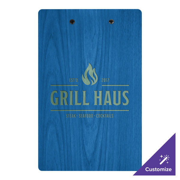 A blue customizable wood menu clip board with 'Grill Haus' branding on the front.