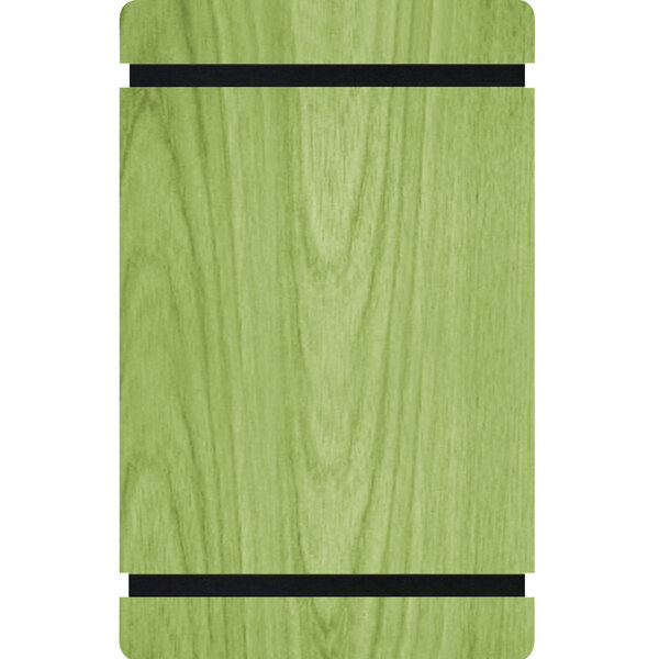 A green wood menu board with black rubber bands.