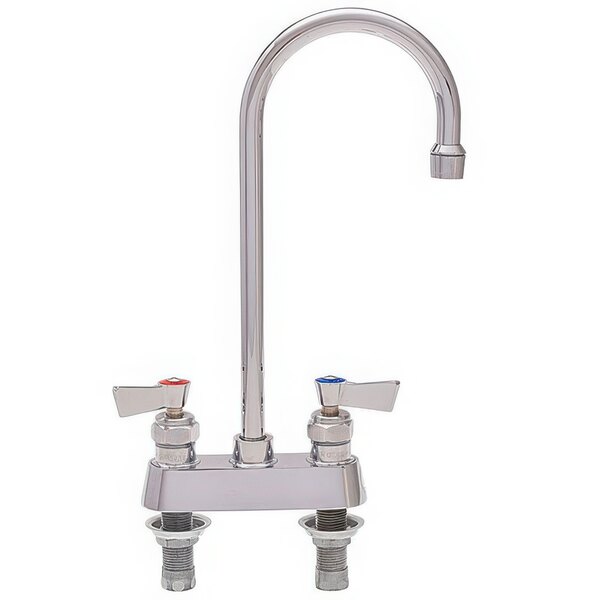 A stainless steel Fisher deck-mounted faucet with lever handles and a swivel gooseneck spout.