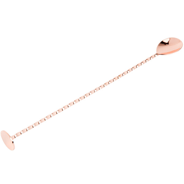 A copper plated Barfly bar spoon with a muddler on a long chain.