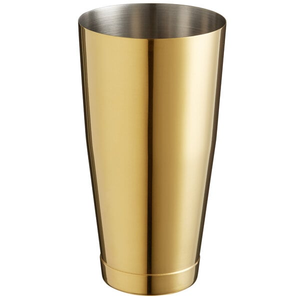 A gold-plated stainless steel Barfly cocktail shaker tin.