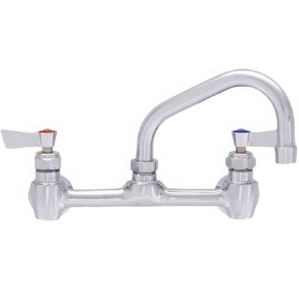 A stainless steel Fisher wall mount faucet with lever handles and a swing nozzle.