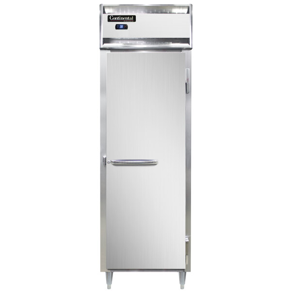 A Continental white reach-in refrigerator with a shallow depth and a white door with a handle.